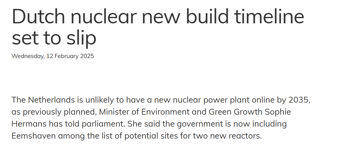 Die Niederlande werden voraussichtlich nicht wie ursprünglich geplant bis 2035 ein neues Kernkraftwerk in Betrieb nehmen, wie Umwelt- und Grünwachstumsministerin Sophie Hermans dem Parlament mitteilte. Sie erklärte, dass die Regierung nun auch Eemshaven in die Liste der potenziellen Standorte für zwei neue Reaktoren aufgenommen habe.