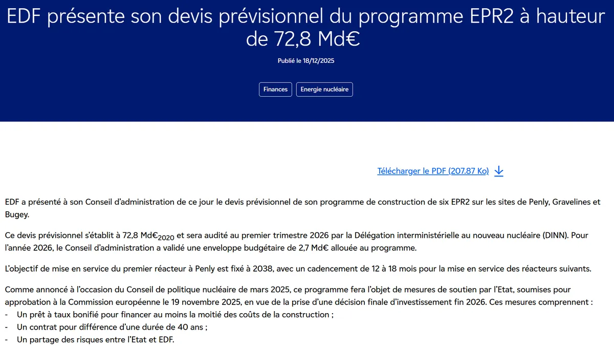 EDF legt seinen vorläufigen Kostenvoranschlag für das EPR2-Programm in Höhe von 72,8 Mrd. Euro vor