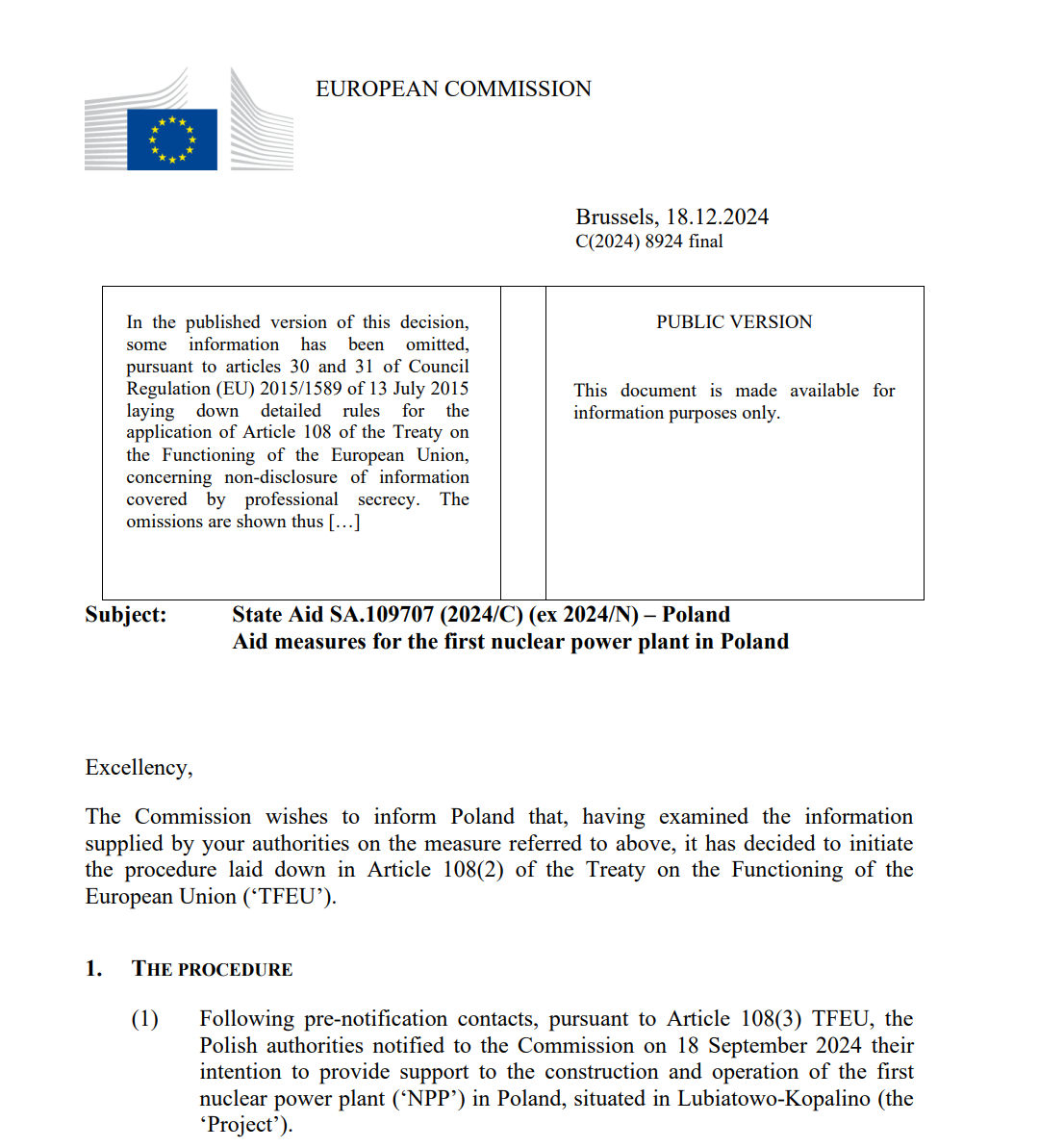 Polens Fördermaßnahmen für das erste Kernkraftwerk in Polen. - EU.