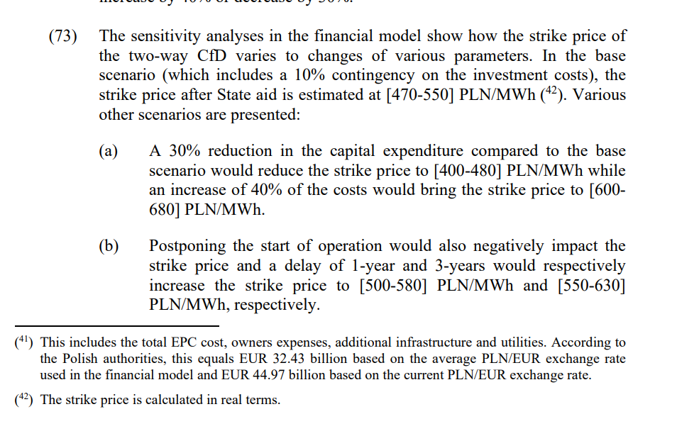 The sensitivity analyses in the financial model show how the strike price of the two-way CfD varies to changes of various parameters. In the base scenario (which includes a 10% contingency on the investment costs), the strike price after State aid is estimated at [470-550] PLN/MWh