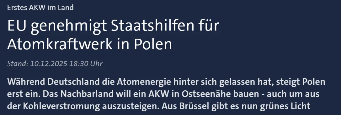 EU genehmigt Staatshilfen für Atomkraftwerk in Polen.