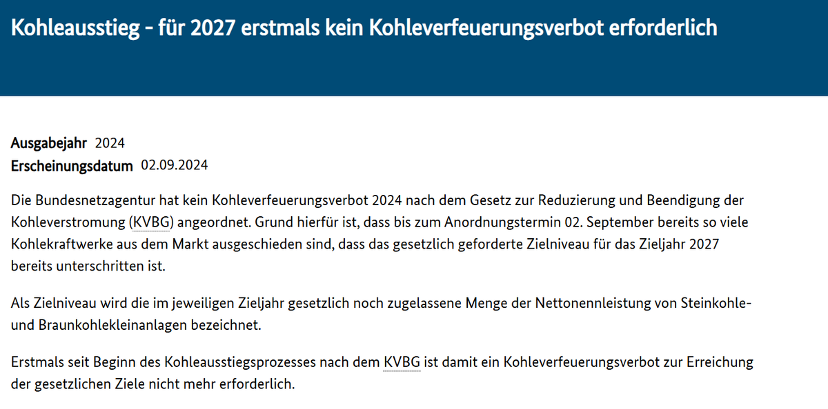 Koh­le­aus­stieg - für 2027 erst­mals kein Koh­le­ver­feue­rungs­ver­bot er­for­der­lich