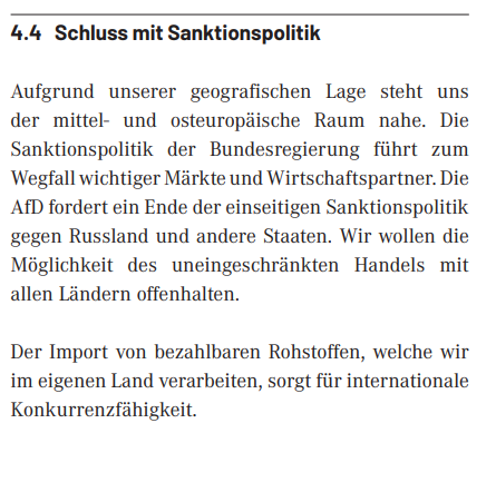 Aufgrund unserer geografischen Lage steht uns der mittel- und osteuropäische Raum nahe. Die Sanktionspolitik der Bundesregierung führt zum Wegfall wichtiger Märkte und Wirtschaftspartner. Die AfD fordert ein Ende der einseitigen Sanktionspolitik gegen Russland und andere Staaten. Wir wollen die Möglichkeit des uneingeschränkten Handels mit allen Ländern offenhalten. Der Import von bezahlbaren Rohstoffen, welche wir im eigenen Land verarbeiten, sorgt für internationale Konkurrenzfähigkeit.