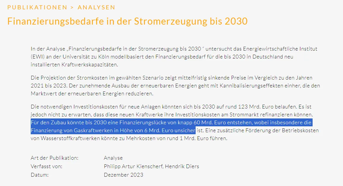 Die notwendigen Investitionskosten für neue Anlagen könnten sich bis 2030 auf rund 123 Mrd. Euro belaufen. Es ist jedoch nicht zu erwarten, dass diese neuen Kraftwerke ihre Investitionskosten am Strommarkt refinanzieren können. Für den Zubau könnte bis 2030 eine Finanzierungslücke von knapp 60 Mrd. Euro entstehen, wobei insbesondere die Finanzierung von Gaskraftwerken in Höhe von 6 Mrd. Euro unsicher ist. Eine zusätzliche Förderung der Betriebskosten von Wasserstoffkraftwerken könnte zu Mehrkosten von rund 1 Mrd. Euro führen..])