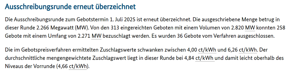 Zu­schlags­wer­te weit un­ter­halb des Höchst­werts in der Aus­schrei­bung für PV-Frei­flä­chen­an­la­gen zum Ge­bots­ter­min 1. Ju­li 2025