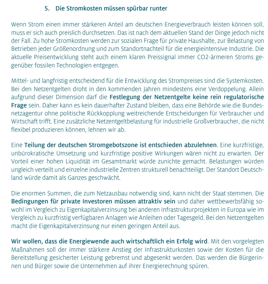Wenn Strom einen immer stärkeren Anteil am deutschen Energieverbrauch leisten können soll, muss er sich auch preislich durchsetzen. Das ist nach dem aktuellen Stand der Dinge jedoch nicht der Fall. Zu hohe Stromkosten werden zur sozialen Frage für private Haushalte, zur Belastung von Betrieben jeder Größenordnung und zum Standortnachteil für die energieintensive Industrie. Die aktuelle Preisentwicklung steht auch einem klaren Preissignal immer CO2-ärmeren Stroms gegenüber fossilen Technologien entgegen.