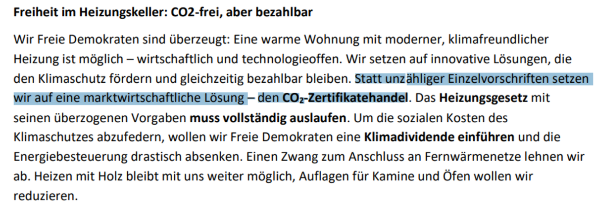 Wir setzen auf innovative Lösungen, die den Klimaschutz fördern und gleichzeitig bezahlbar bleiben. Statt unzähliger Einzelvorschriften setzen wir auf eine marktwirtschaftliche Lösung - den CO2-Zertifikatehandel. Das Heizungsgesetz mit seinen überzogenen Vorgaben muss vollständig auslaufen.