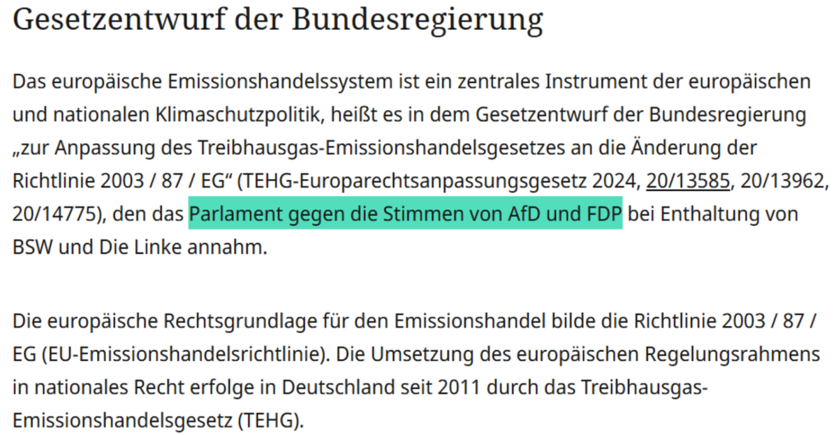 Das europäische Emissionshandelssystem ist ein zentrales Instrument der europäischen und nationalen Klimaschutzpolitik, heißt es in dem Gesetzentwurf der Bundesregierung „zur Anpassung des Treibhausgas-Emissionshandelsgesetzes an die Änderung der Richtlinie 2003 / 87 / EG“ (TEHG-Europarechtsanpassungsgesetz 2024, 20/13585, 20/13962, 20/14775), den das Parlament gegen die Stimmen von AfD und FDP bei Enthaltung von BSW und Die Linke annahm.