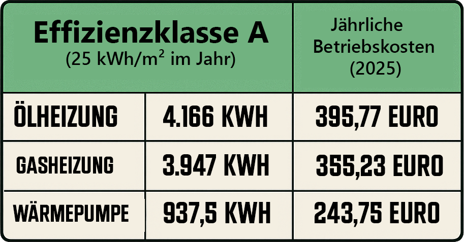 Effizienzklasse A mit 25 kWh/m² im Jahr Endenergiebedarf als Vergleich für Heizungen. 243,75 Euro pro Jahr Wärmepumpe - 355,23 Euro pro Jahr Gasheizung - 395,77 Euro pro Jahr für Ölheizungen. Mit einer selbstgebastelten Tabelle.