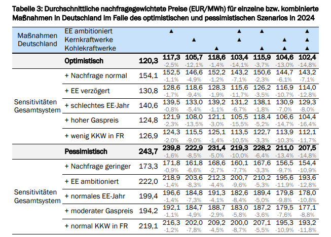 Tabelle 3: Durchschnittliche nachfragegewichtete Preise (EURO/MWh) für einzelne bzw. kombinierte
Maßnahmen in Deutschland im Falle des optimistischen und pessimistischen Szenarios in 2024