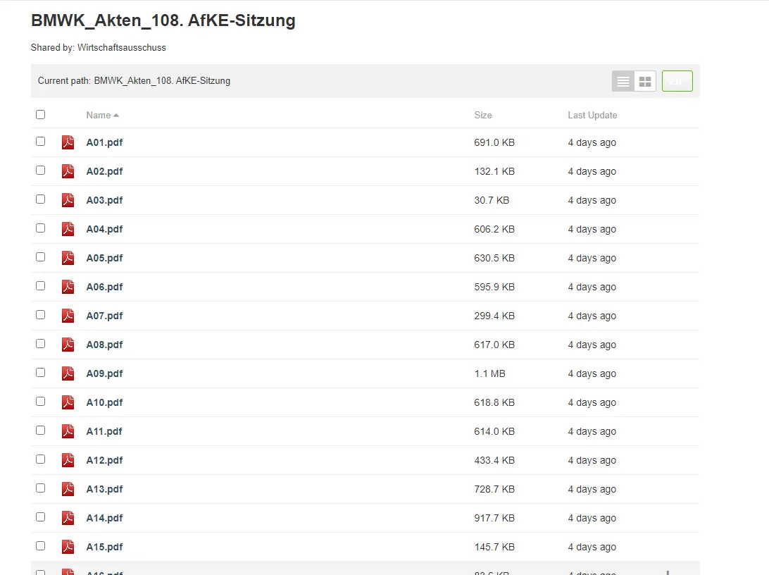 BMWK_Akten_108. AfKE-Sitzung - Übersicht auf 305 Dokumente. Schlaf ist optional (Der Link ist leider nicht mehr anklickbar, ich suche noch eine alternative Lösung dafür.)