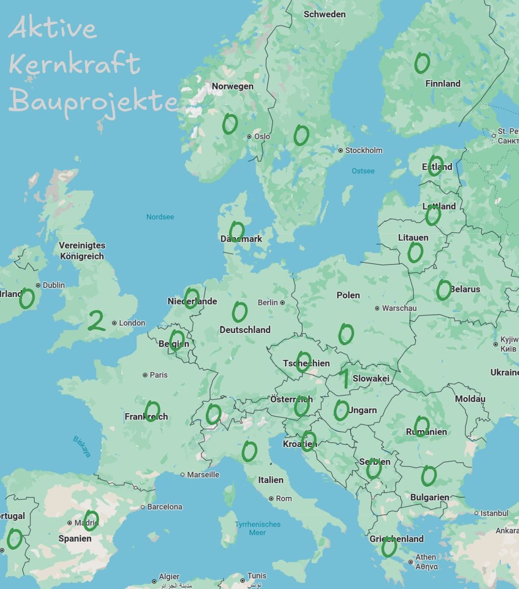 Kernkraftwerke im Aufbau in EU-27 + UK nach IAEA-PRIS Stand Oktober 2025