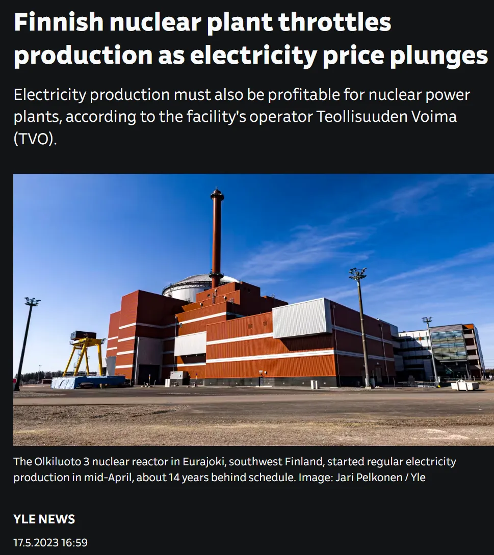 Finnish nuclear plant throttles production as electricity price plunges