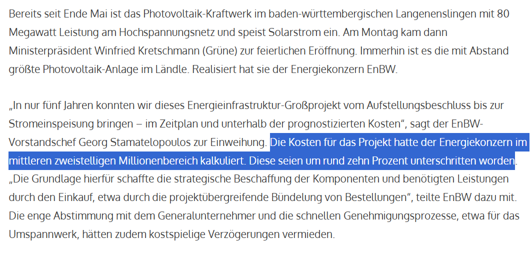 Die Kosten für das Projekt hatte der Energiekonzern im mittleren zweistelligen Millionenbereich kalkuliert. Diese seien um rund zehn Prozent unterschritten worden