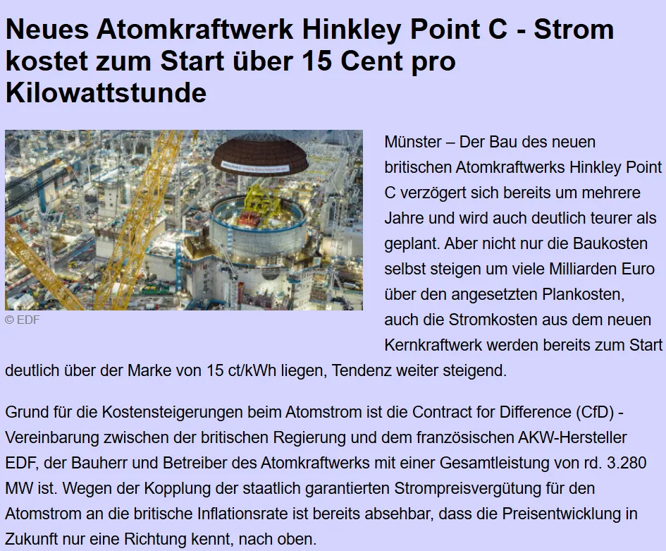 Neues Kernkraftwerk Hinkley Point C – Strom wird bei Inbetriebnahme über 15 Cent pro Kilowattstunde kosten