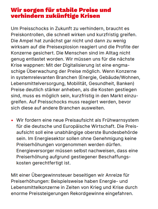 Wir fordern eine neue Preisaufsicht als Frühwarnsystem für die deutsche und Europäische Wirtschaft. Die Preisaufsicht soll eine unabhängige oberste Bundesbehörde sein. Im Energiesektor sollen ohne Genehmigung keine Preiserhöhungen vorgenommen werden dürfen. Energieversorger müssen selbst nachweisen, dass eine Preiserhöhung aufgrund gestiegener Beschaffungskosten gerechtfertigt ist.