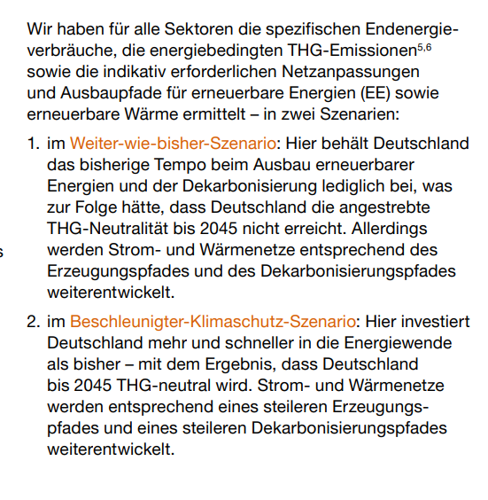 Seite 7 erklärt die beiden Szenarien. Weiter-wie-bisher vs. Beschleunigter-Klimaschutz