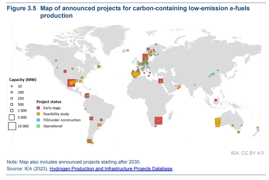 Figure 3.5 Map of announced projects for carbon-containing low-emission e-fuels production