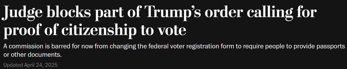 Richter blockiert Teil von Trumps Verordnung, wonach für die Stimmabgabe ein Staatsbürgerschaftsnachweis erforderlich ist.