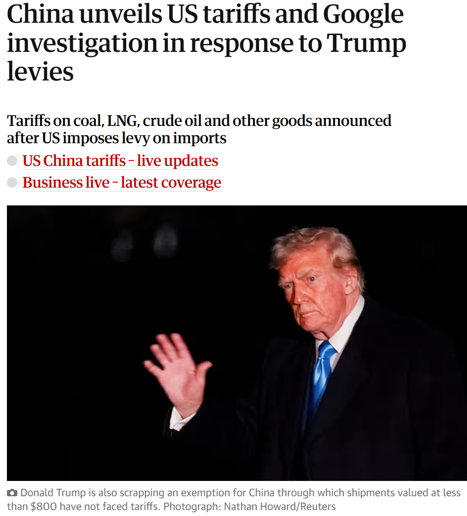 China unveils US tariffs and Google investigation in response to Trump levies.