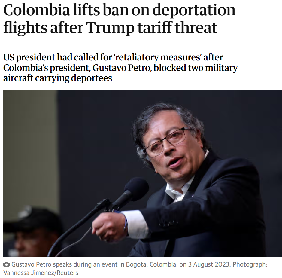 Colombia lifts ban on deportation flights after Trump tariff threat