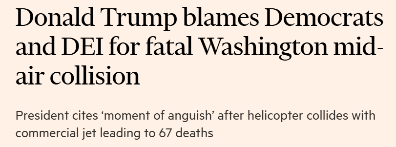 Donald Trump blames Democrats and DEI for fatal Washington mid-air collision.
