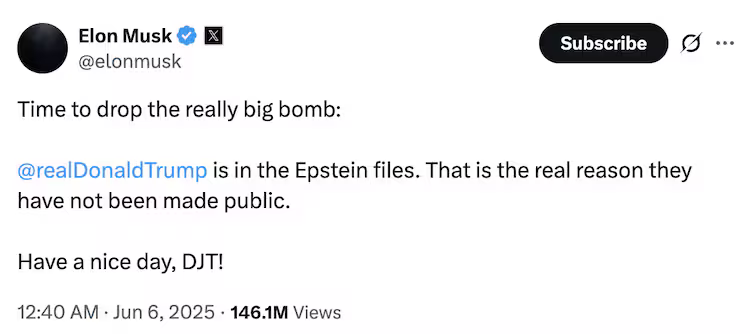 Time to drop the really big bomb: @realDonaldTrump is in the Epstein files, he wrote. That is the real reason they have not been made public. Have a nice day, DJT