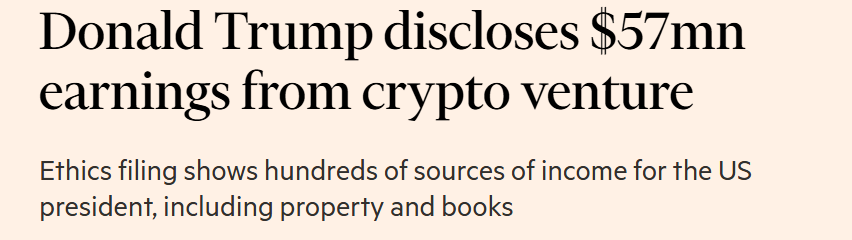 Donald Trump gibt Einnahmen in Höhe von 57 Millionen Dollar aus Krypto-Geschäft bekannt.
