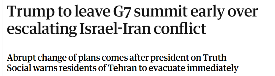 Trump verlässt G7-Gipfel vorzeitig aufgrund des eskalierenden Konflikts zwischen Israel und Iran.