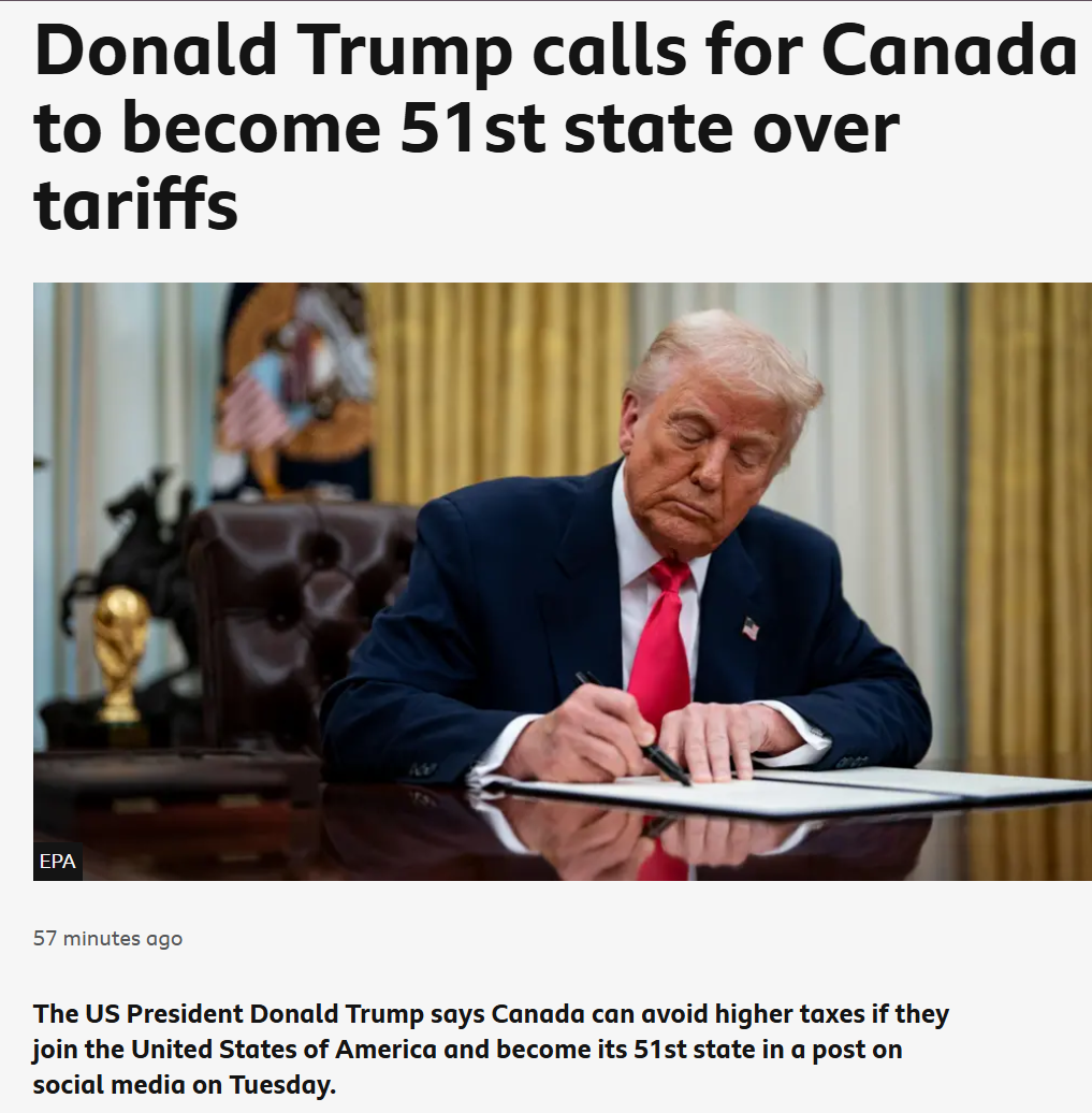 Donald Trump calls for Canada to become 51st state over tariffs