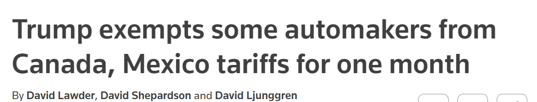 Trump exempts some automakers from Canada, Mexico tariffs for one month.