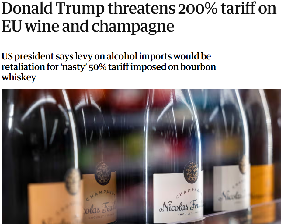 Donald Trump threatens 200% tariff on EU wine and champagne