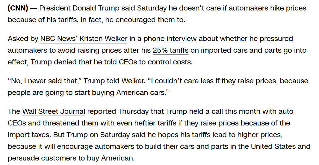 Präsident Donald Trump erklärte am Samstag, es sei ihm egal, ob die Automobilhersteller aufgrund seiner Zölle die Preise erhöhen